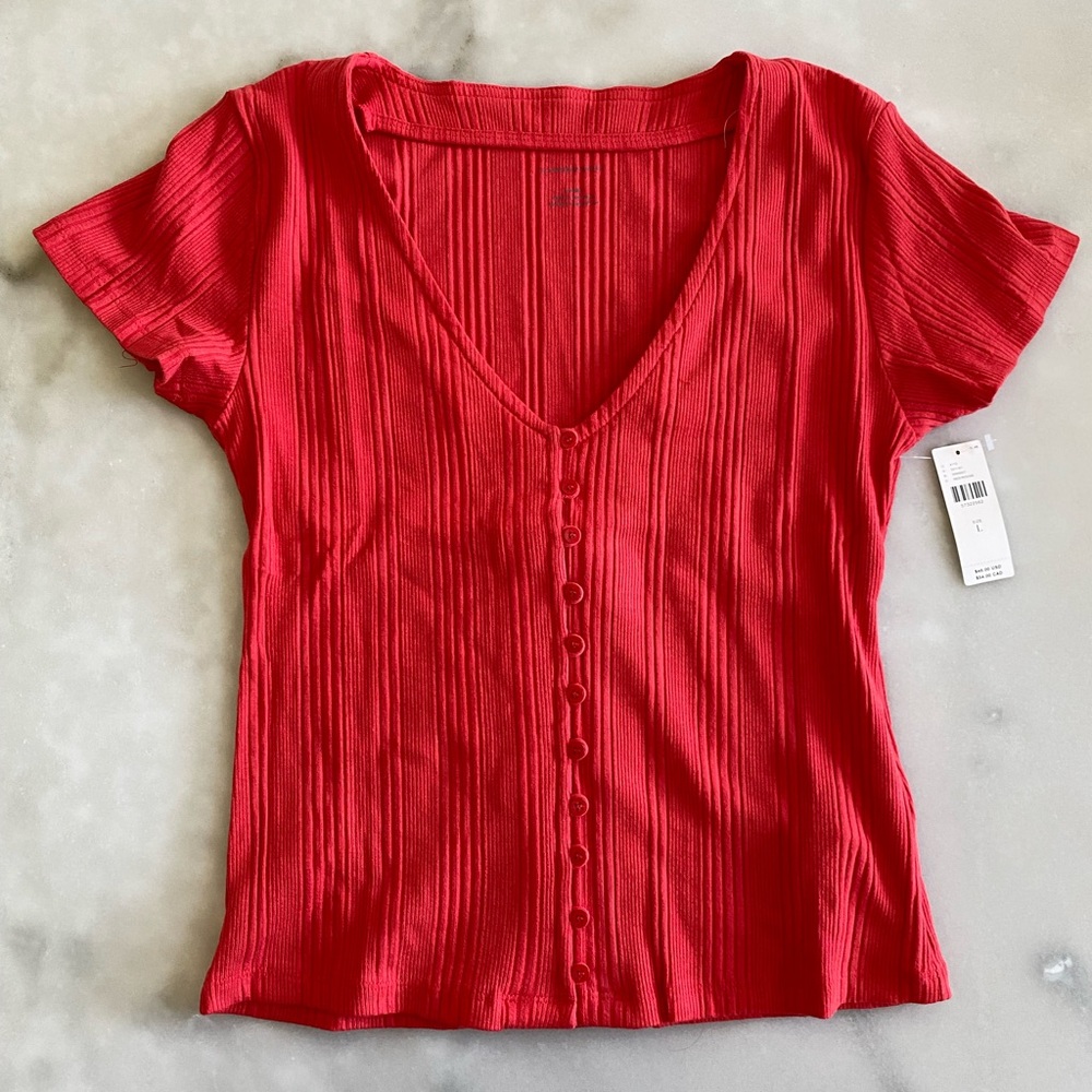 Anthropologie Mika ribbed short sleeve Henley button down tshirt large red